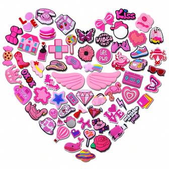 16-23-33-53-61 PCS Flat Pink Mixed Package Series, Whale, Dessert, Unicorn, Cat, Butterfly, Starfish, Stationery, Detachable Washing, Pointe Fashion Accessories, Light Up Every Step Of Style, Inlaid In The Shoes Of The Craft Pearl Shining Bright, Cute Summer Daily Wear