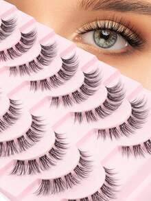 10/20Pairs Of Natural Cross Full False Eyelashes With Clear/Black Stem,Fluffy Slim For Everyday Use Manga Eyelashes, Travel Essentials - Black - View 3