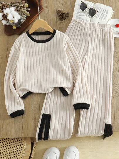 2pcs/Set Tween Girls' Fashion Solid Color Round Neck Striped Long Sleeve Sweatshirt + Solid Color Striped Ankle Length Split Hem Casual Pants Set, Spring/Autumn