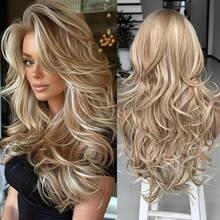 长款波浪黑色分层假发，带刘海，合成分层长款波浪假发，蝴蝶剪裁，发量较少，适合女性，24英寸 - 彩色 - 查看 12