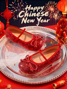 1双时尚红色水晶亮片公主鞋，女童亮片蝴蝶结设计，适合所有季节，可搭配演出服，适合舞台表演、日常穿着、节日庆典、小型派对、生日礼物 - 紅色 - 查看 7