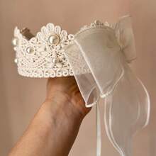 1pc Princess Birthday Crown, Decorated With Pearls And Lace Trim, Adjustable Satin Bow And Pearl Accents Headband - Elegant Headpiece, Suitable For Weddings, Galas, Pageants. Hand Wash Only, Ideal Holiday Headpiece For Christmas, New Year, Valentine's Day And Party Events