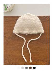 1 件纯色秋冬新款针织帽，女士系带小脸保暖针织混纺无檐帽，简约时尚可爱耳暖百搭渔夫帽