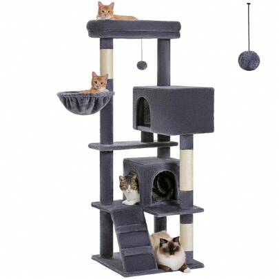 PAWZ Road Cat Tree For Large Cats With Extra-Large Top Platform, [56.3"=143cm] Tower For Indoor Cats With Hammock And Sleeping Bag, Cat Shelves With Scratching Posts And 2 Houses
