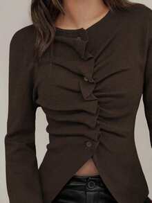 Cárdigan de punto ajustado de manga larga con frente plisado y abotonadura sencilla para mujer, elegante y minimalista, de estilo casual, para otoño/invierno - Café integral - Ver 1