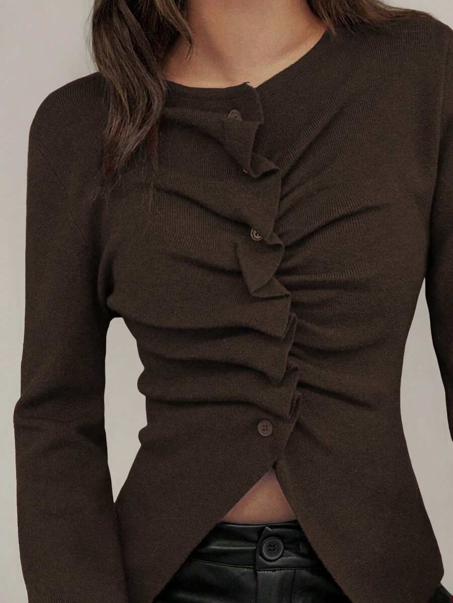 Cárdigan de punto ajustado de manga larga con frente plisado y abotonadura sencilla para mujer, elegante y minimalista, de estilo casual, para otoño/invierno - Café integral - Ver 1