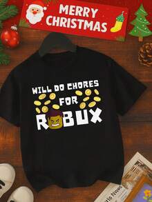 Funny Gamer Graphic Tee For Boys, Black Cotton T-Shirt With "Will Do Chores For Robux" Print, Cool Game Coins Design, Casual Short Sleeve Top For Kids And Teens, Perfect Gift For Video Game Lovers,Funny Italian Kids T-Shirts - 黑色 - 查看 1