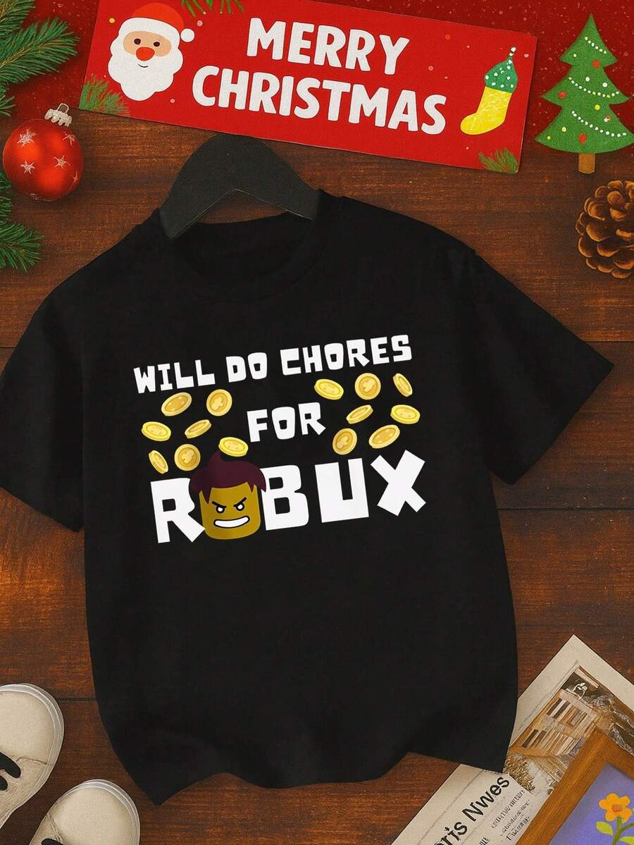Funny Gamer Graphic Tee For Boys, Black Cotton T-Shirt With "Will Do Chores For Robux" Print, Cool Game Coins Design, Casual Short Sleeve Top For Kids And Teens, Perfect Gift For Video Game Lovers,Funny Italian Kids T-Shirts - 黑色 - 查看 1