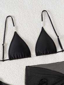 Set de costume de baie 3 piese, vacanță de vară la plajă, material negru, decor alb și perle, top cu decolteu halter, slip de baie cu legături laterale și fustă din plasă în culoare uni, set bikini pentru vacanță la plajă, ținută de plajă 3 piese, bikini negru, set sexy pentru vacanță la plajă - Negru - Vizualizare 6