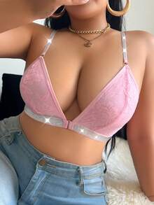 1pc Plus Size Sexy Lace Front Closure Wireless Backless Bra - Pink - View 5