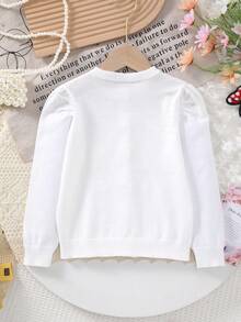 Tween Girl Knitted Round Neck Cute Puff Sleeve And Button Bow Design Elegant Cardigan, Suitable For Outings Or Parties - White - View 7
