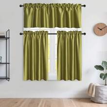 1件纯色仿丝杆袋式短窗帘，咖啡色，厨房窗帘 - 綠色 - 查看 1