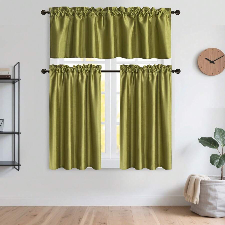 1件纯色仿丝杆袋式短窗帘，咖啡色，厨房窗帘 - 綠色 - 查看 1