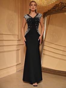 Love Aing 女士奢华连衣裙，优雅手工定制闪亮珍珠黑色派对鸡尾酒礼服，适合新年、派对、舞会、正式晚宴、婚礼宾客等场合。 - 黑色 - 查看 5