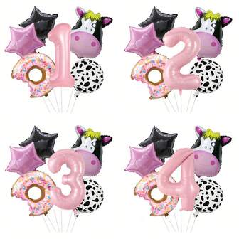 1 Set de decoración con globos de aluminio con estampado de vaca de 18 pulgadas en color rosa, estrella negra y rosa, y rosquilla - Color de pelo de vaca aleatorio, tema de granja/cumpleaños