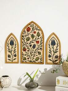 3 buc. Pictură murală gotică cu arc, decor floral cu lalele boeme, artă murală vintage cu plante, decor cu arc de biserică cu ramă de bambus, tapițerie murală florală medievală modernă, picturi murale boeme pentru dormitor și living, decor gotic cu fereastră tip casă de la țară, decor de perete estetic pentru intrarea în bucătărie și birou - Multicolor - Vizualizare 8