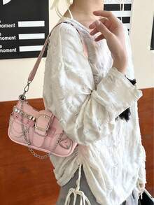 Y2K Star &Y2K Fashionable Multi-Functional Star & Moon Design Unique Pink Chain Decor Crossbody Bag, Ladies Baguette Bag, Niche Design, Steampunk, Gothic, Ladies Bag, Cool Girl Streetwear, Music Festival, Party, Ladies Rock Style Bag Suitable For Girls'' Street Style, Celebrity Same Style Printed Female Shoulder Bag, Y2k Bag, Gothic Punk Bag For Women, 2000s Fashion Style Bag For Women,Christmas Outfit,,Christmas Campus,,Holiday Travel,Christmas Party - 彩色 - 查看 9