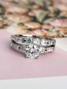 2pcs/Set Women's Engagement Rings, Shiny Silver Zirconia Stone Decorated Rings, Suitable For Daily Wear, Engagement, Wedding Anniversary, Party, Jewelry, Valentine's Day, Birthday Gift, Classic Eternal High-End Design Ring Jewelry