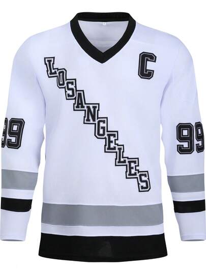 男士99号白色冰球球衣休闲长袖刺绣V领T恤派对运动上衣