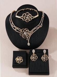 5件套沙特国庆节奢华夸张金色水钻镶嵌树叶设计项链、耳环、戒指、手链套装，适合女士婚礼派对佩戴 - 金黃色-6 - 查看 9