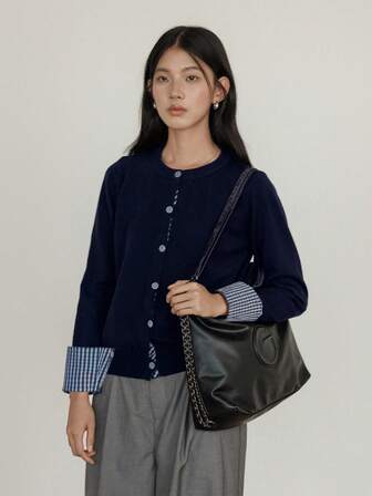 Plaid Patchwork Knit Cardigan, Loose Fit, Collegiate Style Long Sleeve Jacket