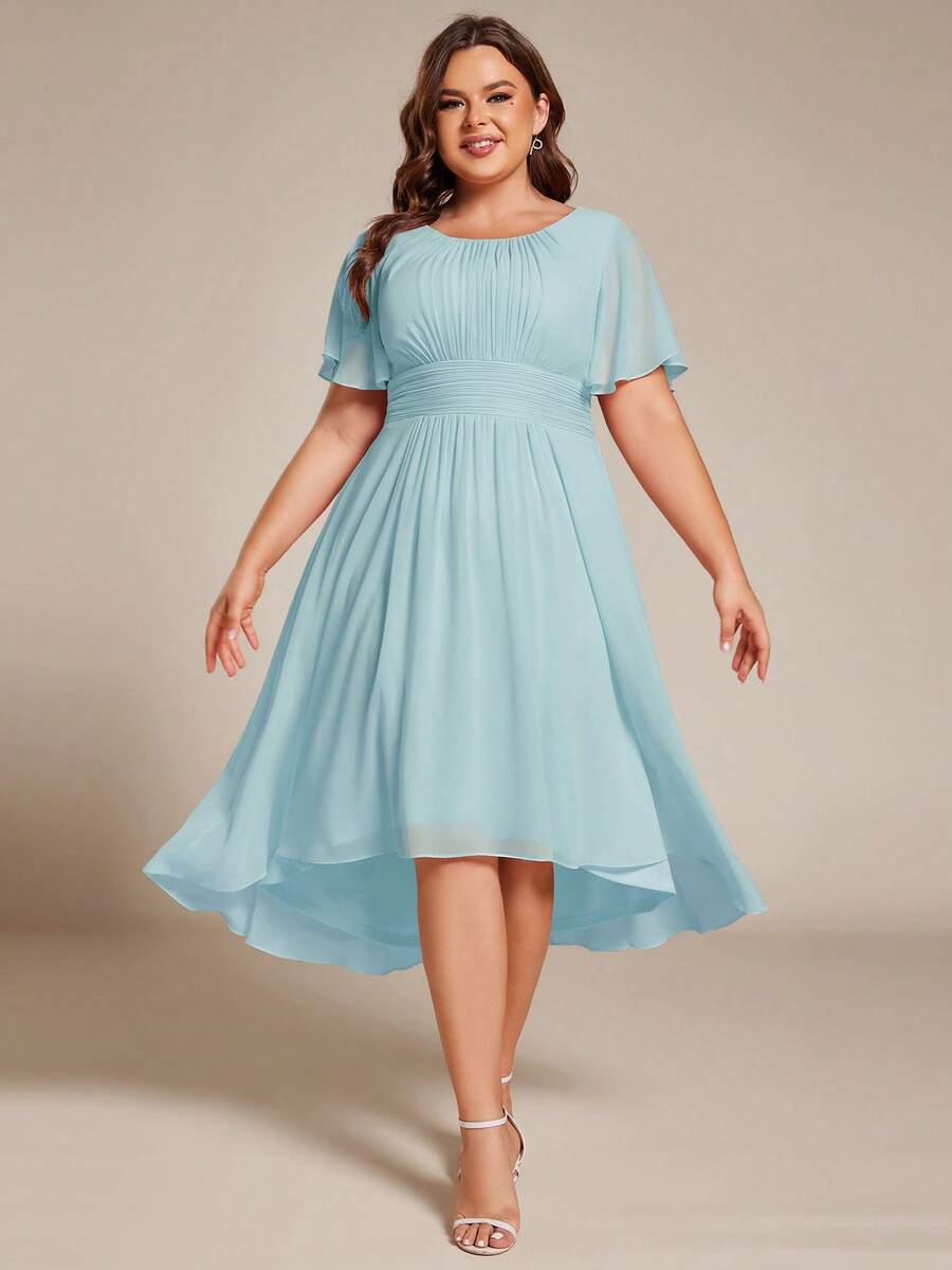 EVERPRETTY Plus Size Elegant Chiffon Round Neck Short Sleeve High-Low Hem Bridesmaid Dress, High Waist Design