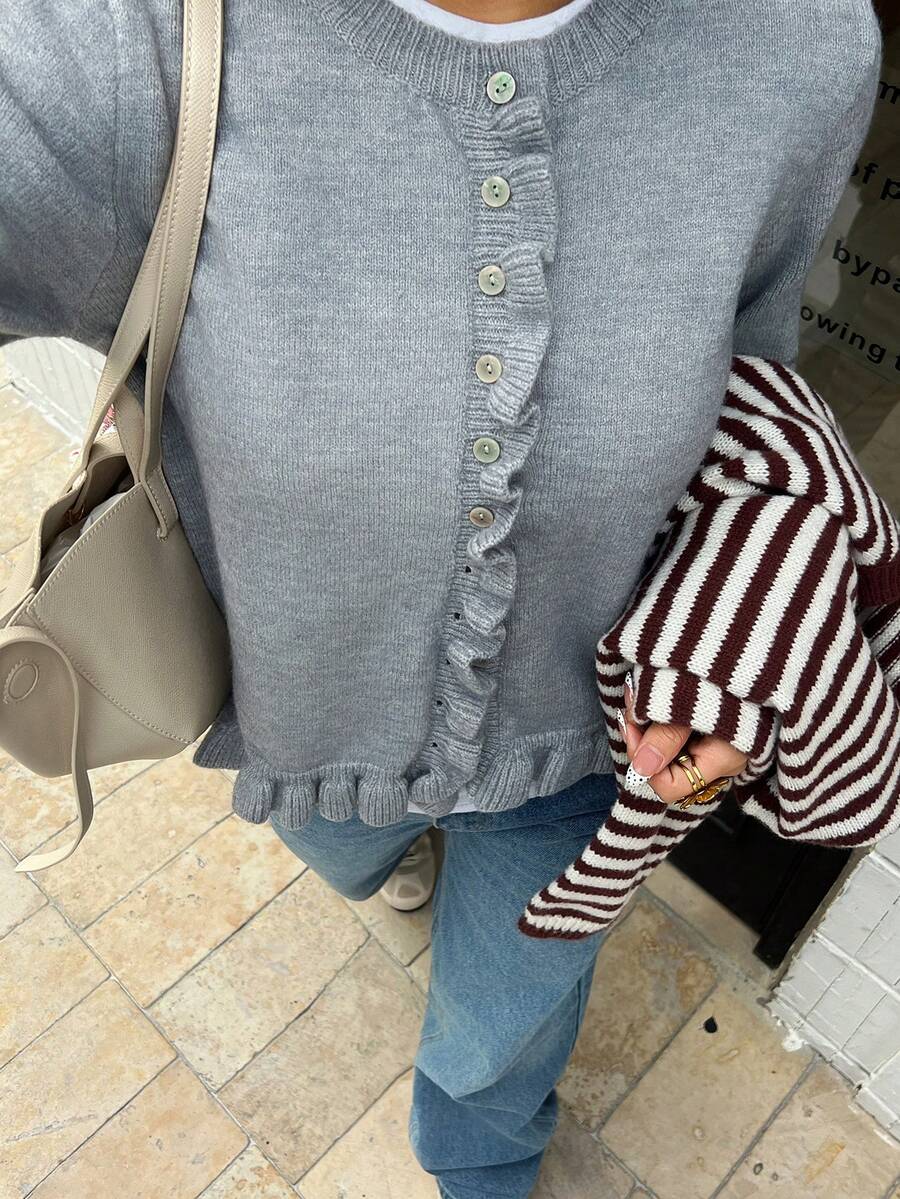 女士纯色针织开衫,荷叶边装饰,正面纽扣,适合约会、节日、日常穿着、旅行、秋冬 - 灰色 - 查看 1