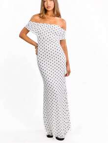 Women Dot Print Long Dress Slim Off Shoulder Ruched Short Sleeve Bodycon Dresses For Evening Party Club - White - View 6