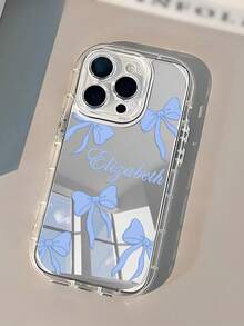 1pc Customized Cute Bow Design Phone Case, Customizable Color, Signature Slogan, Transparent Thick Full Coverage Reflective Phone Case, Compatible With Apple 11 12 13 14 15 16 17 Pro Max - Multicolor - View 2