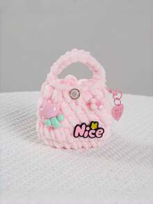 Handmade Crochet Cute White/Pink Earphone Storage Pouch, With 3D Flower And Random "Nice" Decor, Suitable For Commuting, Photography Prop, Anti-Drop And Anti-Slip, Fluffy For Winter, Compatible With Apple Earphones 1/2/3/4/Pro/Pro 2/Pro 3 - Birthday Gift, Holiday Gift, Best Friend Gift - Pink - View 1