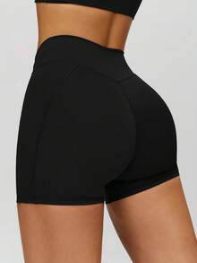 MASKERT Pantaloncini sportivi da donna a vita alta con vita attorcigliata, aderenti e modellanti, che sollevano e snelliscono il lato B, adatti per yoga e fitness, colore nero, per l'estate - nero - Visualizzare 2