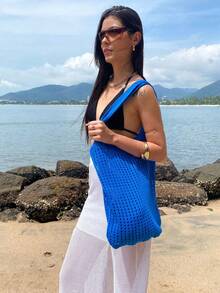 Women's Large Crochet Beach Bag, , With Shoulder Strap, Knitted, For Pool, Summer. - Royal Blue - View 2