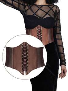 1件女士咖啡棕色系带松紧腰简约连衣裙，修身剪裁，适合日常穿着 - 咖啡棕 - 查看 5