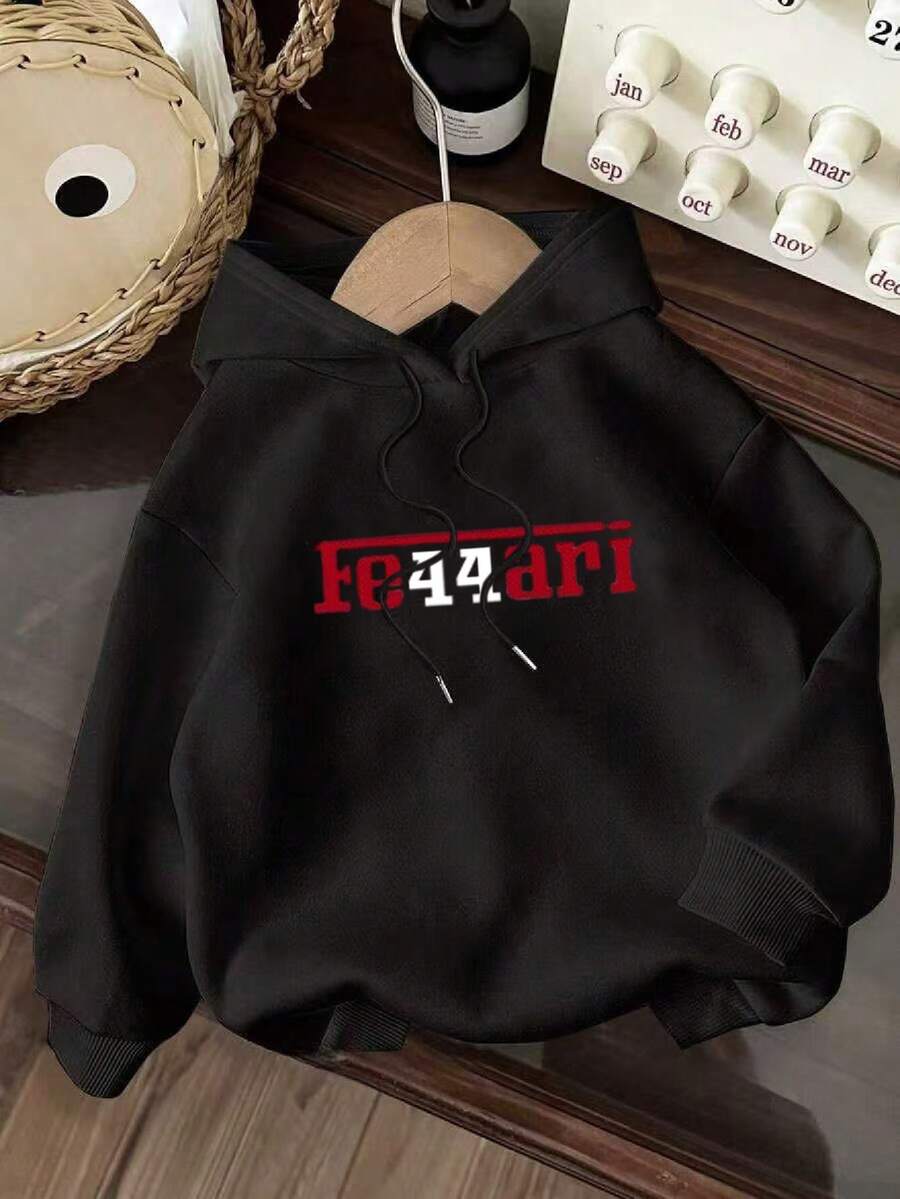 Casual Hoodie With Circular Design, Letter Print And Adjustable Drawstring - Black - View 1