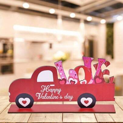 1pc Valentine's Day 3D Wooden Heart Truck Decor - Includes Red Truck, Heart Balloons, And "LOVE" Letter Heart "Happy Valentine's Day" Holiday Sign, Ideal For Home, Office And Store Display, Perfect For Romantic Celebrations And Weddings
