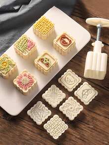 1-Set DIY Moon Cake Mold Kit - 50g Square Floral & Animal Shapes, Easy-To-Use Hand Press For Decorative Pastries, Perfect For & Baking Enthusiasts - Durable Plastic Kitchen Gadget, Cake Decorating Supplies - White - View 2