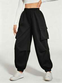 1pc Tween Girls Outdoor Street Casual Solid Color Cargo Pants - Black - View 4