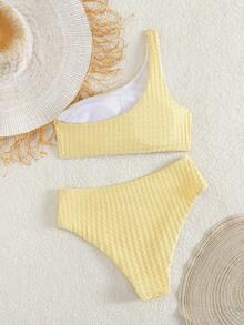 Women's Casual Elegant One Shoulder Backless High Slit Yellow Bikini Set, Beach Vacation Summer - Yellow - View 4