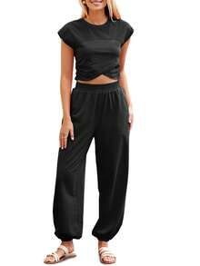 Fisoew Women Two Piece Thin Breathable Outfit Summer 2024 Y2K Loungewear Set Crop Top And Joggers Lightweight Tracksuit With Pockets Casual Streetwear - màu đen - Xem 5