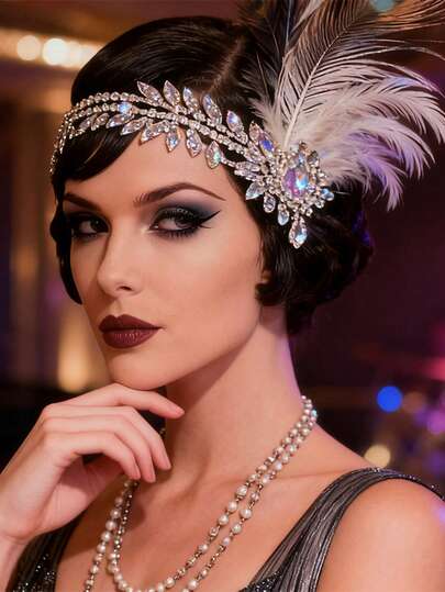 Diadema vintage con plumas para mujeres, tocado de flecos con perlas falsas y rhinestones estilo años 20, accesorios retro para el cabello tipo Gatsby para fiestas, bailes de graduación y bodas, joyería para la cabeza, novia
