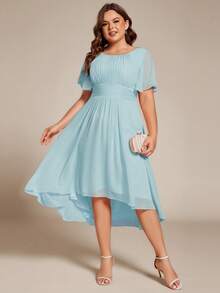 EVERPRETTY Plus Size Elegant Chiffon Round Neck Short Sleeve High-Low Hem Bridesmaid Dress, High Waist Design - Baby Blue - View 5