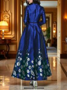 DEVCHATA Luxurious Elegant Jacquard Long Sleeve Deep V-Neck Women's Formal Evening Dress, Woven Fabric, Charming, Suitable For Banquets And Occasions, Autumn/Winter Season, Floral Pattern Placement Random (Belt Not Included) - Blue - View 3