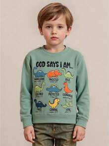Sudadera de otoño para niño pequeño con estampado de dinosaurio y letras, manga larga, cuello redondo, blusa holgada - Verde - Ver 1