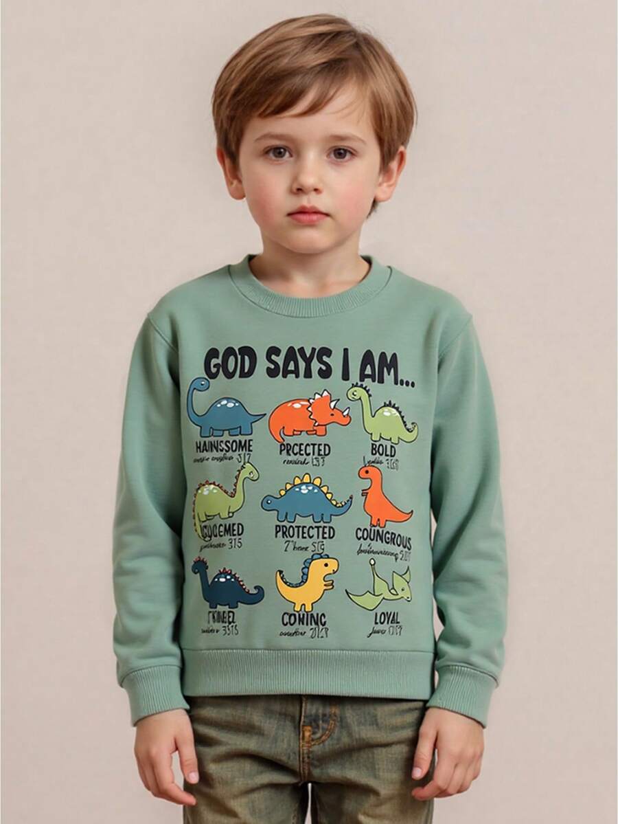 Sudadera de otoño para niño pequeño con estampado de dinosaurio y letras, manga larga, cuello redondo, blusa holgada - Verde - Ver 1