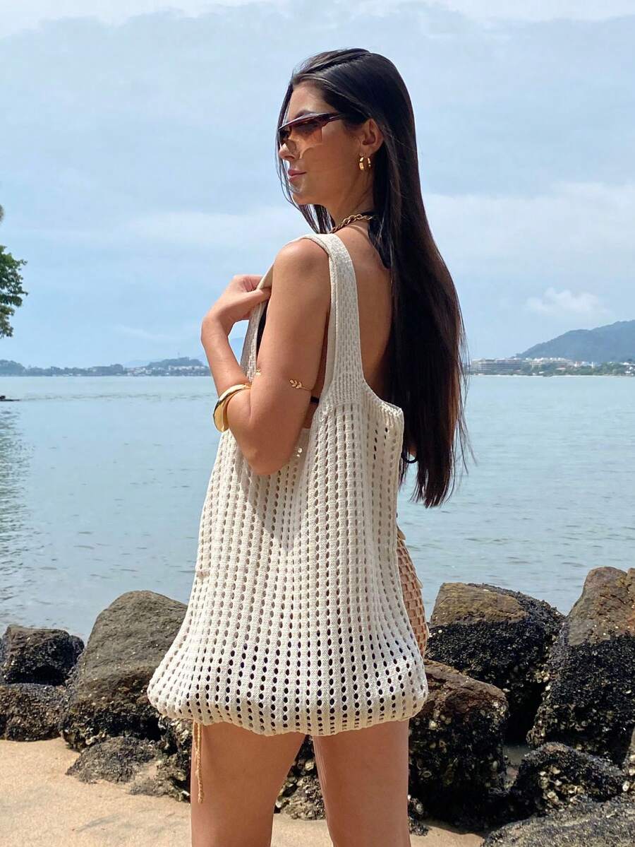 Women's Large Crochet Beach Bag, , With Shoulder Strap, Knitted, For Pool, Summer. - Beige - View 1
