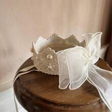 1pc Princess Birthday Crown, Decorated With Pearls And Lace Trim, Adjustable Satin Bow And Pearl Accents Headband - Elegant Headpiece, Suitable For Weddings, Galas, Pageants. Hand Wash Only, Ideal Holiday Headpiece For Christmas, New Year, Valentine's Day And Party Events