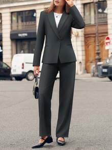Casly Lamiit Women Plain Long Sleeve Suit Collar Regular Top And Pants Set Elegant Composite Fabric Suit With Pockets - Màu xám đen - Xem 2