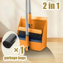 New 3in1 Rotatable, Foldable&Magnetic Broom-Dustpan Set, Garbage Bag Included, Extra-Large Thickened Home Broom, Ideal For Pet Hair In Living Rooms/Bedroom, Non-Stick Soft Bristles (Blue/Orange/White) Great Helper For Moms Gifts For Friend And Family - Orange - View 5
