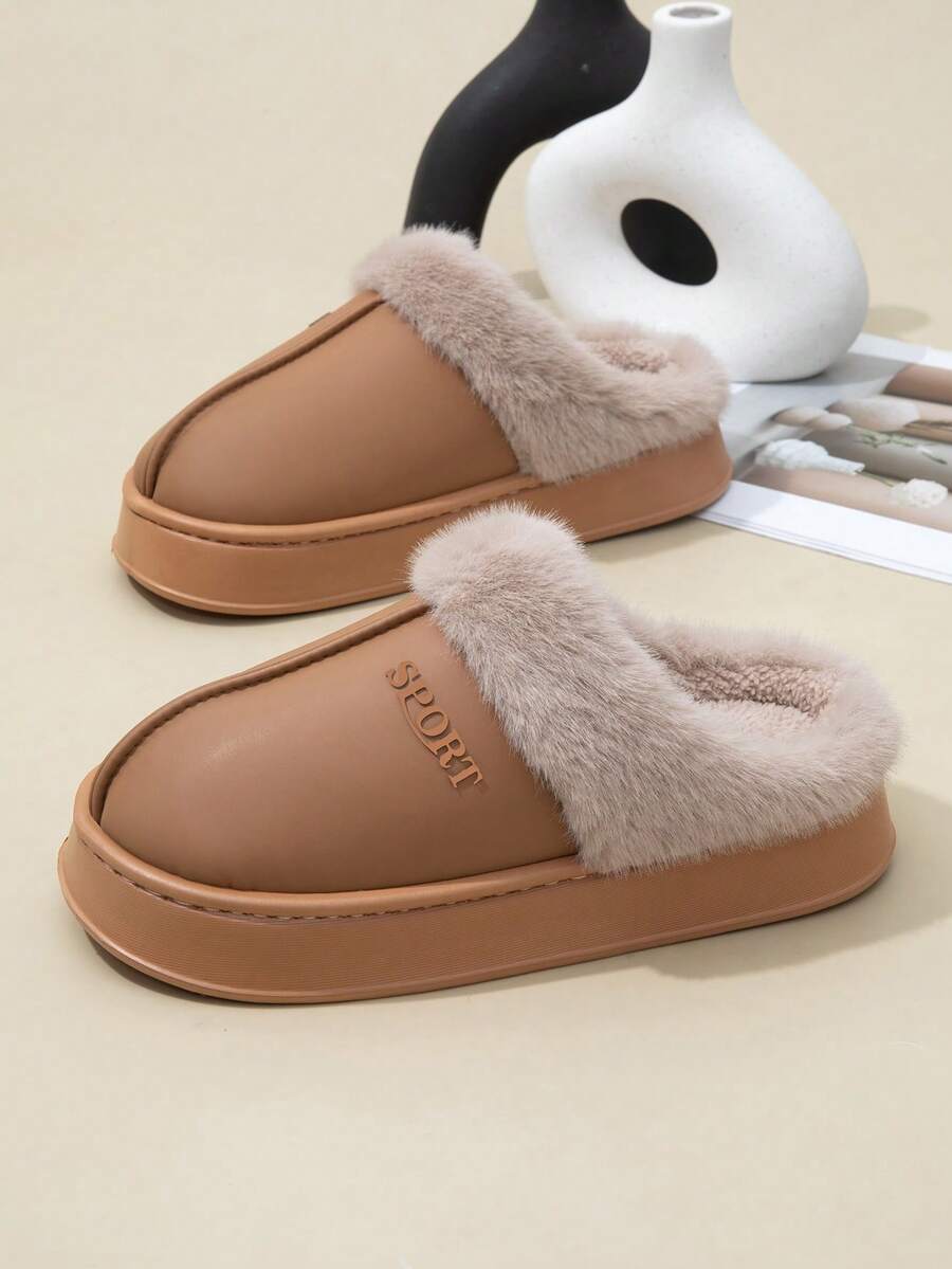 New Women's House Slippers, Flocking Letter Connecting Craft, Long Plush Patchwork Design Fabric Plush Lining EVA Outsole, Warm, Lightweight And Comfortable For Winter