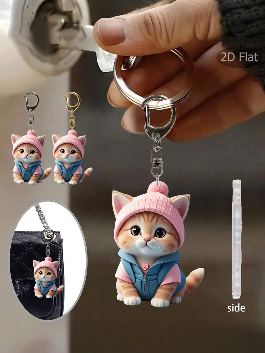 Cute Cartoon Cat Acrylic Keychain - 2D Pendant,Cute Cat Accessories,Cute Pink Hat Kitten,Fashion Backpack Pendant,Tote Pendant Decoration,Wallet Pendant,Pendant Keychain For Couples Bag Accessories Gift Waterproof, With Lobster Clasp, Ideal Gift For Family & Friends, Perfect For Birthdays And Special Occasions,Wedding Gifts, Party Gifts